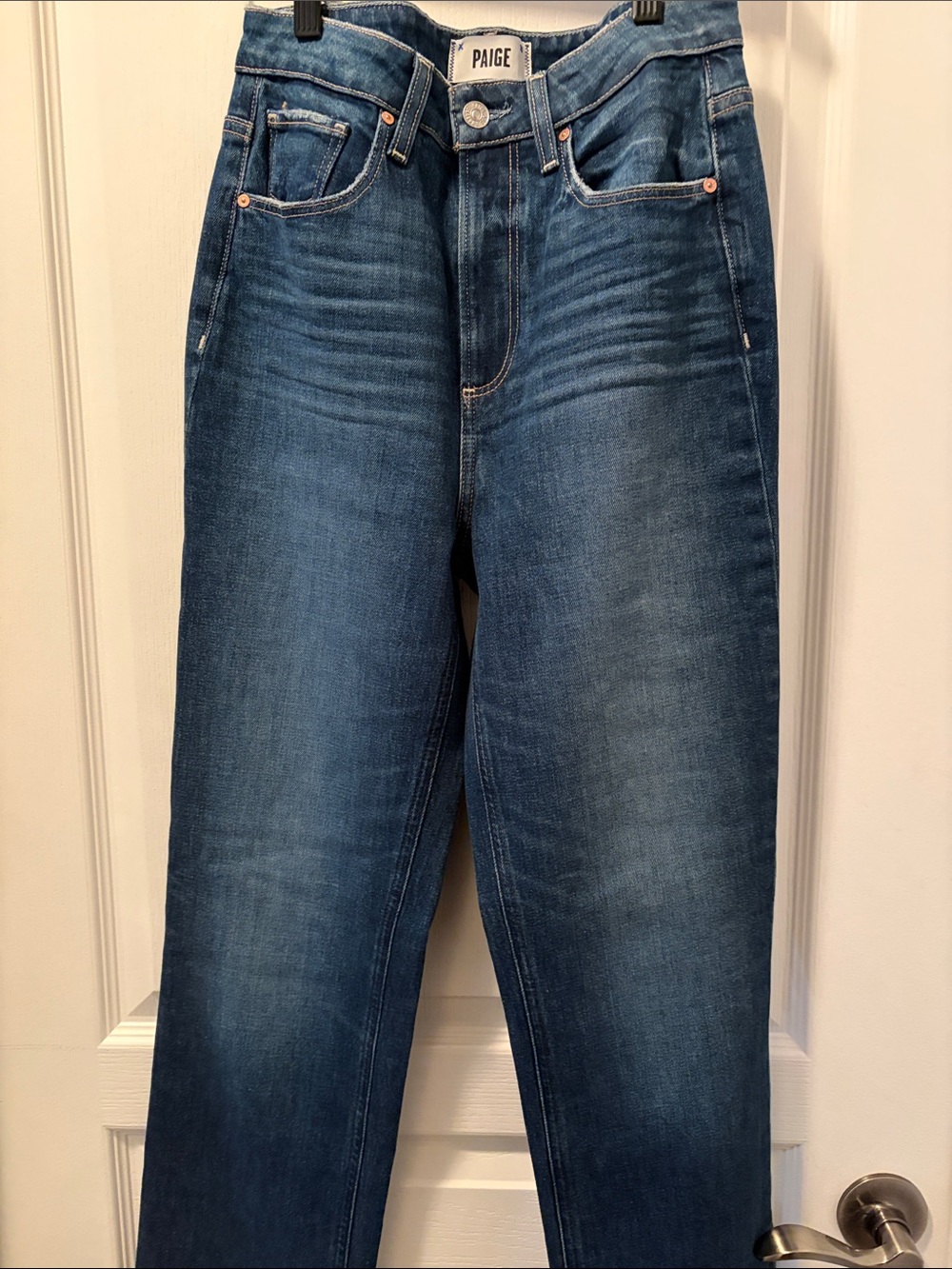PAIGE Women’s Dark Blue Straight Jeans with Faded Details